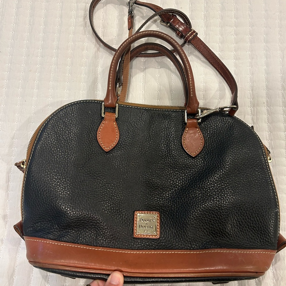 Dooney & Bourke Black and Tan Pebbled Leather Crossbody “Alma”